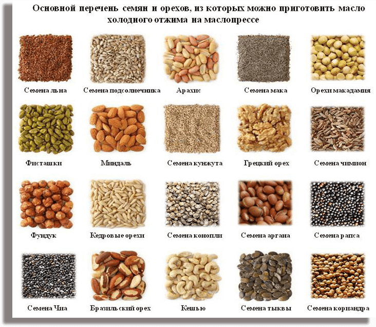 перечент семян и орехов для приготовления на маслопрессе